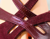 Size 7 Deco Style 70s Sandals - Two Tone Metallic Burgundy Purple Red & Suede 1970s Shoes - Deadstock - Peep Toe - Flapper Style - 43207-1