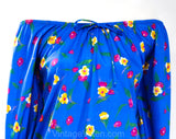 Size 12 Peasant Shirt - 1980s Cobalt Blue Floral Polyester Knit Top - 80s Colorful Casual Blouse - Off Shoulder or On - Scoop Neck - Bust 38