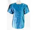 Size 14 Silk Shirt - 80s Designer Short Sleeve Teal Blue Top - Sharkskin Shantung Blouse - 1980s Dan DeSantis Deadstock - Bust 44 - 48373