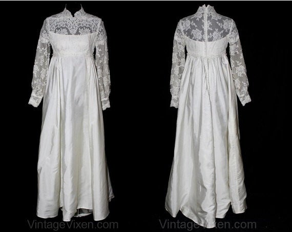 Size 6 Wedding Dress - Classic 1960s Chantilly Lace & Satin Empire Bridal Gown - New With Tag - NWT - Long Sleeve - Bust 33.5 - 36373