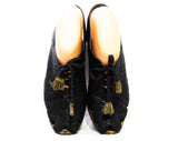 Size 8 1930s Shoe - As Is 30s 40s Black Leather with Deco Cutout Dots & Zig Zag - Lace Up with Faux Snake Tassels - 8AAA Narrow Peep Toe