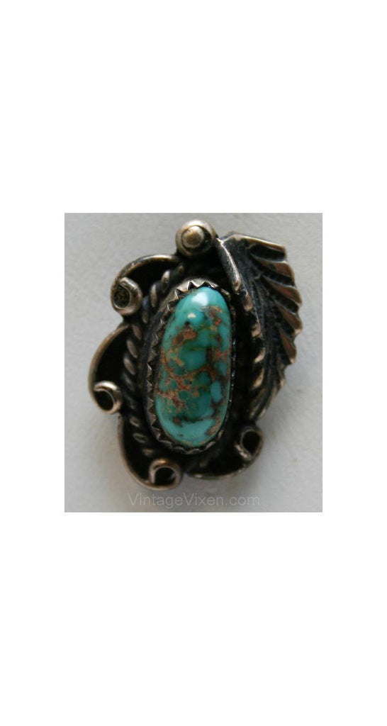 40s Sterling Silver & Turquoise Stick Pin - Beautiful Variegated Stone Brooch - Lapel Pin - 1940s Artisan - Southwestern Feather - 32941