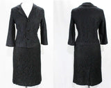 Size 8 50s Suit - 1950s Navy Lace Jacket & Skirt - Dark Blue Early 60s Audrey Style Elegant Summer Outfit - Satin Piping - Waist 26.5