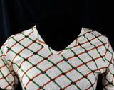XXXS 1970s T Shirt - Khaki Lattice Print Geometric Cotton Jersey Knit Tee - Girls Size 10 to 12 - Top Quality Made in Italy - Bust 32