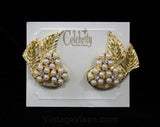 Glam 1950s Earrings - Wing Like - Faux Pearls & Rhinestones - Goldtone Metal Leaves - Celebrity Fashion Jewels - Deadstock on Card - 42406