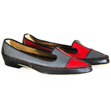Size 9 Mod 1960s Patchwork Leather Pumps - Unworn Shoes - Red Gray & Black Stitched Color Block Patches - 50s 60s Secretary Deadstock NIB