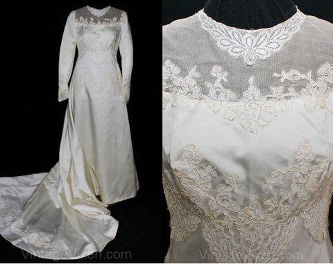 Size 6 Wedding Dress - 1960s Scalloped Lace Empire Gown & Train with Dangling Pearls - 60s Chic - Detachable Train - New Old Stock - 36371