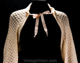 Medium 1950s Pink Knit Bolero - Hand Knitted 50s Wool Cardigan Sweater - Open Front Femme Shrug - Pink Silk Satin Ribbon Tie - Winter Spring