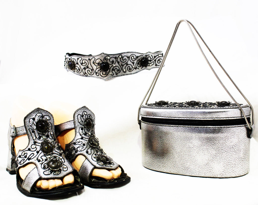 1960s Silver Box Purse, Size 5 1/2 Gladiator Shoes, and Belt Set - Metallic Leather with Rhinestones, Cord & Studs - 60s Sandals by Sbicca