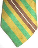 Men's 1960s Tie - Striped Chartreuse & Cocoa Raw Silk Tie - Lime Green Golden Yellow Brown - Diagonal Stripes - Late 60s Early 70s - 32729-1