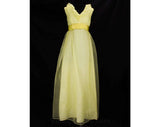 Size 2 Yellow Evening Dress - 1960s Spring Sleeveless Empire Gown - Shimmer Organza & Ruffle Neckline - Ribbon Bow - Garden Party - Bust 32