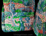 Small 1970s Sheer Shirt - Pointillist Artsy Novelty Print Scenes - Pink Blue Green - 70s Cotton Gauze Long Sleeve Top - Deadstock - Bust 34