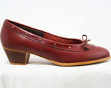 Size 7 W Leather Shoes - Beautiful Quality Pumps - Fine Oxblood Brown Leather - Brass Studs & Bow - Stacked Wood Heels - Preppy Deadstock