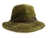 Girl's 1910s 1920s Wide Brim Hat - Olive Green Dappled Velveteen - Soft Top Stitched Brim - Brown Ribbon - Unworn Antique NOS Deadstock