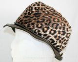 Leopard Corduroy Hat - 1960s Black & Brown Novelty Animal Print - Perky Adorable Casual Hat - Faux Leather Brim - Rockabilly - VLV 41346-1