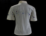 Size 6 Silk Shirt - Short Sleeved Top - Red Bird & Cherry Blossom Branches - Ivory Crepe Blouse - Serge Nancel Paris - Bust 34 - 46574