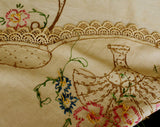 40s Embroidered Tablecloth - 1940s Spring Oval Flower Baskets - Antique Tea Colored Beige - Pink Blue Green Brown - Sweet Daisy Flowers