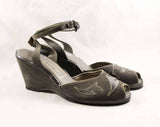 Size 6 1940s Gray Platform Shoes - 40s 50s Peep Toe Wedges with Sexy Ankle Strap - Suede & Leather Appliques - Narrow Width - Deadstock