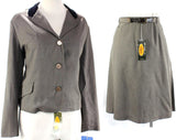Size 12 Gray Suit - 1960s Preppie Summer Gabardine Jacket & Skirt - Girl Friday - Equestrian Collar - Original Belt - Waist 28 - 21947-2