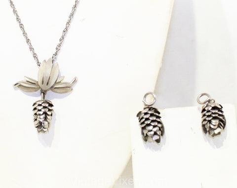 Pine Cone Necklace & Earrings Set - 50s 60s Mid Century Elegant Pendant Demi Parure - Silver Hue Metal - Charming Woodland Rustic Pinecones