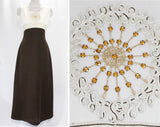 Size 10 Disco Dress - Medium 1970s Glamour - Chocolate Brown & Off White Polyester Knit - Sleeveless 70s Medallion Gown - Bust 36.5 - 49321