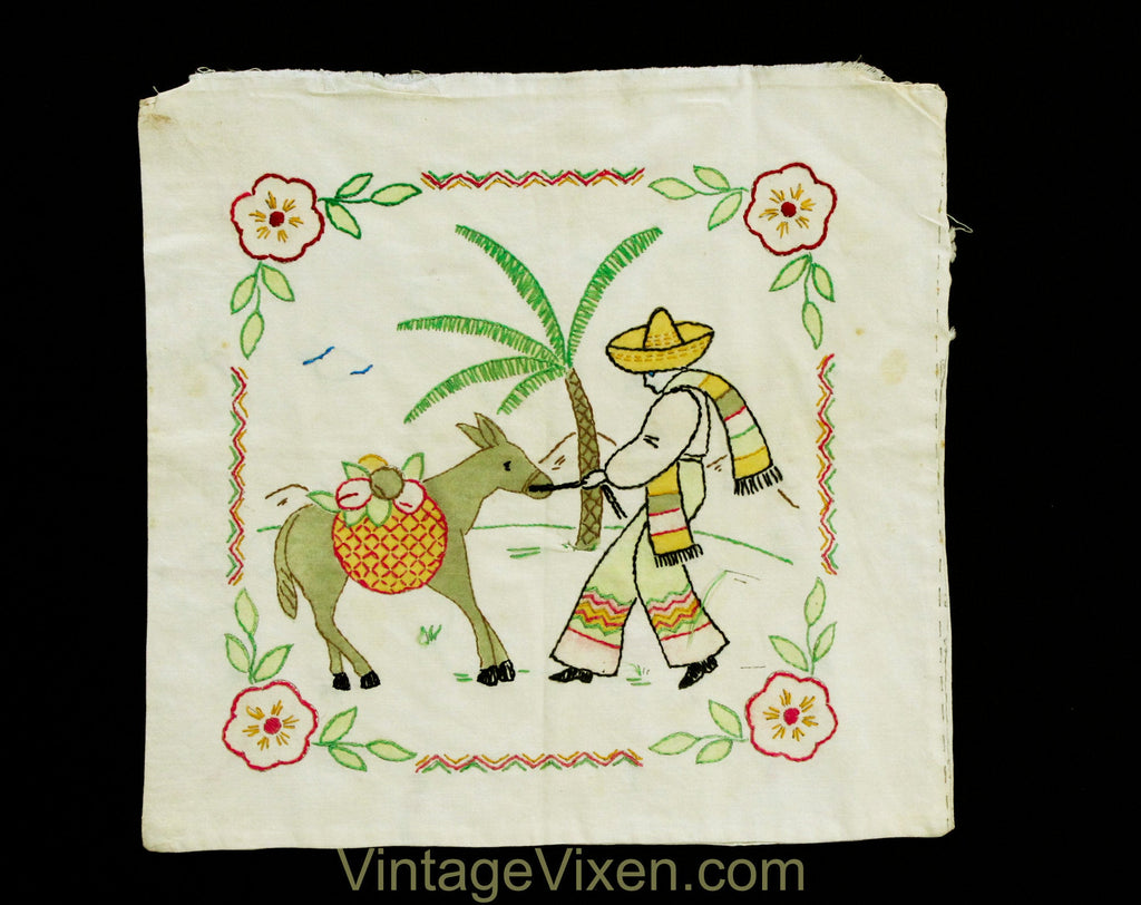 South American Pillow Case - 1950s Tropical Scene Embroidery - Square 14 x 16 Inch Pillowcase - Novelty Man in Gauchos Donkey Palm Tree