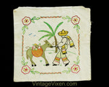 South American Pillow Case - 1950s Tropical Scene Embroidery - Square 14 x 16 Inch Pillowcase - Novelty Man in Gauchos Donkey Palm Tree