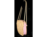 60s Large Summer Beach Bag - Resort Chic 1960s Braided Natural Jute Satchel with Rope Straps - Large Tote Pink Lining - Made In Hong Kong