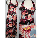 Size 6 Lolita Sun Dress - 1940s Look Hibiscus Summer Halter Dress - 1970s Periwinkle, Merlot & Peach Floral Jersey Knit - Bust 33.5 - 32441
