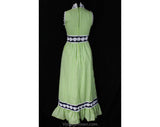 Size 2 Lime Gingham Dress - 60s 70s Sleeveless Empire Summer Gown - Spring Green & Navy Blue Cotton Maxi Dress - White Daisy Lace - Waist 24