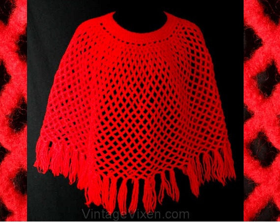 Knit Chic 1950s Red Fish Net Cape - Size Small Waist Length Poncho - Holiday Style - Cute & Crafty Hand Knitted - Fringe - Tassels - 38097-1