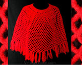 Knit Chic 1950s Red Fish Net Cape - Size Small Waist Length Poncho - Holiday Style - Cute & Crafty Hand Knitted - Fringe - Tassels - 38097-1