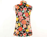 Size 000 Bohemian Vest - 1960s 70s Quilted Floral Sleeveless Tunic Top - Asian Mandarin Collar - Brown Fuchsia Pink Orange - Bust 30 - XXS