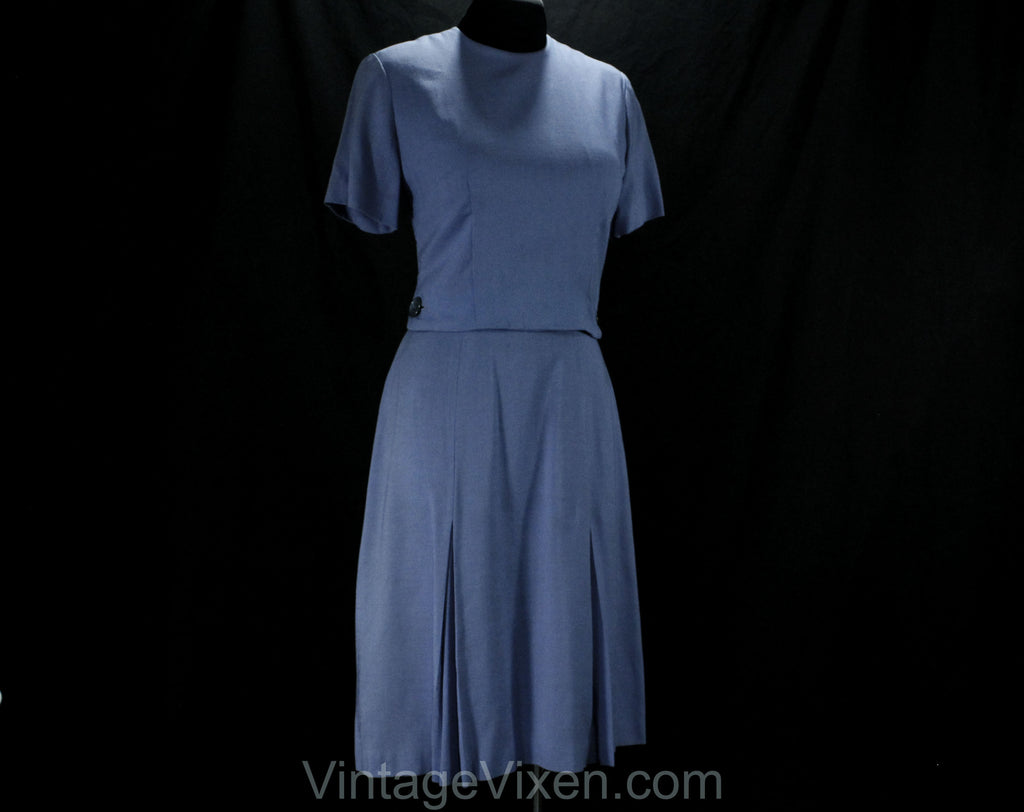 Size 6 Summer Dress - 1960s Short Sleeved Blue Tailored Office Girl Style - Early 60s Classic - Buttoned Half Belt - Alison Ayres - Waist 26