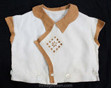 Girls 1930s Romper Top - Size 3T Authentic 30s Child's Linen Shirt - Cocoa Brown & White Short Sleeve Summer Blouse with Cutwork - Chest 26