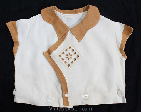 Girls 1930s Romper Top - Size 3T Authentic 30s Child's Linen Shirt - Cocoa Brown & White Short Sleeve Summer Blouse with Cutwork - Chest 26