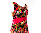 Size 6 Paisley Butterfly Maxi Dress - Bohemian 70s Sleeveless Ankle Length Gown - Black Green Pink Orange Psychedelic with Velvet - Bust 35