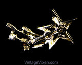 Shooting Star Brooch - 1950s Starburst Comet Pin with Rhinestones - Silvertone Metal Elegant 50s 60s Accent - Red Yellow Green Blue Clear