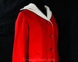 Large 1960s Red Coat with Hood - Size 12 to 14 Winter Wool Hooded Overcoat - Red Buttons & Waist Pockets - Contrast Cream Lining - Bust 40.5
