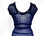 XS 1940s Cobalt Blue Dress - Gorgeous Sheer See-Through 40s 50s Rayon Knit - Ribbonwork Rhinestones & Beading - Long and Lean - Waist 24
