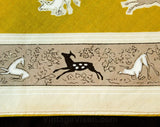 Dancing Deer Scarf - 1950s Peasant Cotton Head Kerchief - 50s Gray Gold Ivory Black Novelty Print with Border - Graceful Mid Century Style