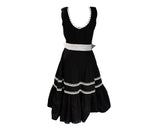 Size 8 1950s Sun Dress - Black Cotton Sleeveless Fit & Flare Peasant Frock - Button Accents - Gray Ivory Trim - Monochrome Pin Up - Waist 27
