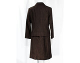 Size 8 50s Tweed Suit - Dark Brown Pinstriped 1950s 60s Tailored Jacket & Skirt - Gorgeous Forest Green Stripe and Satin Lining - Waist 27