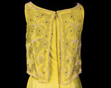 Size 6 Yellow Cocktail Dress - 1950s 60s Silk Fitted Sheath with Fishnet, Beadwork & Rhinestones - Gorgeous 50s Marilyn Hourglass - Waist 26