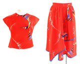 Size 6 Red Avant Garde Dress - 1980s Glamour Girl Top & Flutter Skirt - Asymmetric Wrap Style Hem - Postmodern Spectrum Print - Waist 25.5