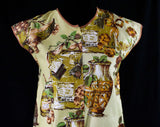 Size 14 Housewife Smock Apron - Kitchen Still Life - Floral Arrangement Novelty Print - Large 60s Sleeveless Casual - Deadstock - Bust 42