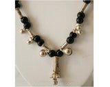 1960s Gypsy Necklace in Black Glass & Jingle Bells - Made by Nomads in India - Hippie Jewelry - Y Shaped 60s Deadstock Necklace - 32956-2