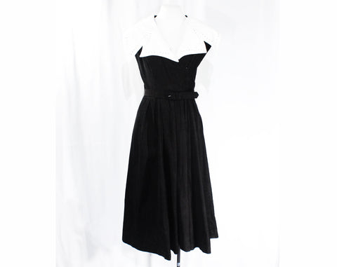 Size 10 1950s Wrap Dress - Terrific Black Corduroy Swing Era 50s Full Skirted Frock with White Rhinestone Lapel - Fit & Flare - Waist 28