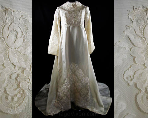 Size 6 Wedding Dress - Elegant Ivory Satin & Fine Lace Bridal Gown with Bell Sleeves and Trailing Train - Bust 33.5 - Waist 30 - 34152-1