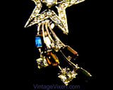 Shooting Star Brooch - 1950s Starburst Comet Pin with Rhinestones - Silvertone Metal Elegant 50s 60s Accent - Red Yellow Green Blue Clear